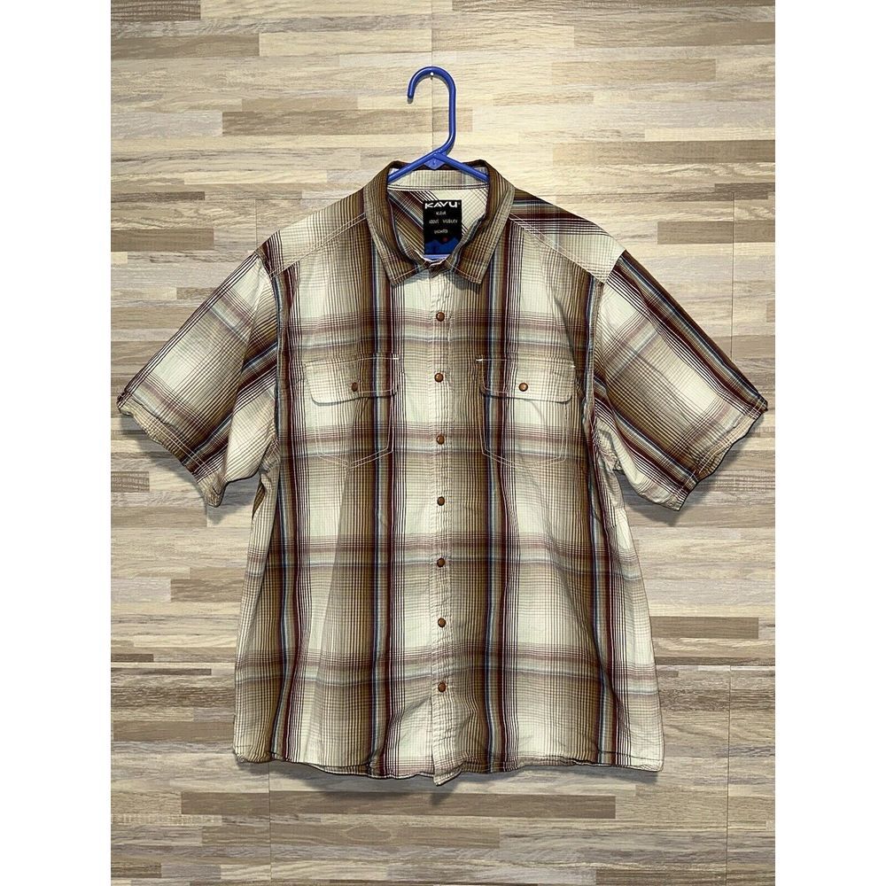 Men's Kavu Boardwalk Multicolor Plaid Button Up Short Sleeve Shirt size XL #400